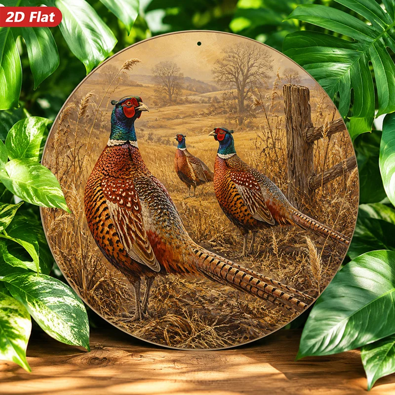2D Flat - 【2D Flat】 2D Flat - [2D Flat] 2D Flat Print 1pc Round Metal Iron Sign, Wall Art, Pheasant Pattern, Rustic Style, Natur