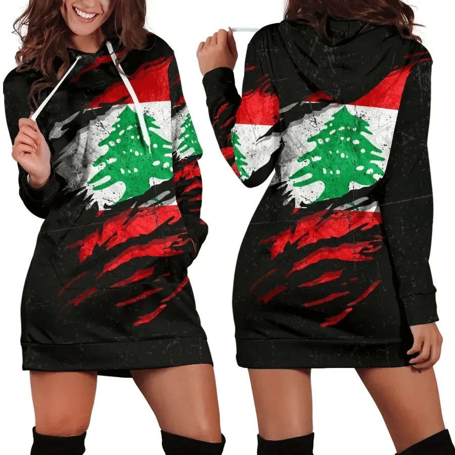 Lebanon Flag Hoodie Dress Women\'s Spring Summer New Retro Harajuku 3d Printed Flag Pullover Casual Sexy Women\'s Hoodie Dress