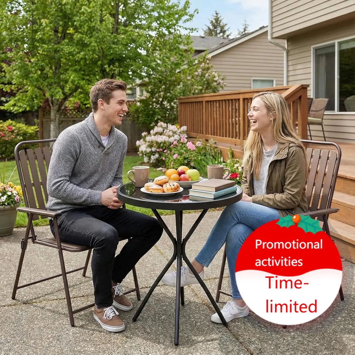 

3 Piece Patio Bistro Set Folding Outdoor Dining Set for 2, Bistro Table and Chairs Set of 2 No Assembly Anti Rust Small Outdoor