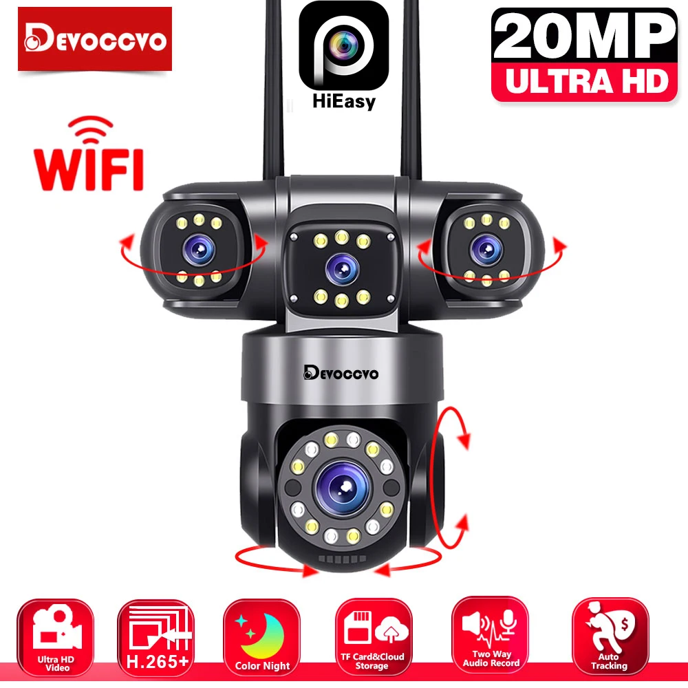 كاميرا 20 ميجابكسل للتتبع التلقائي واي فاي PTZ IP بأربعة عدسات وأربعة شاشات وأربعة شاشات 360 درجة °   كاميرا مراقبة فيديو CCTV ثنائية الاتجاه صوت 4K