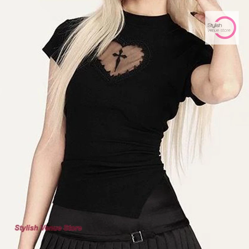 American fashion design sense dark style girl spice girl cross hollow T-shirt female summer new slim casual Joker short top.