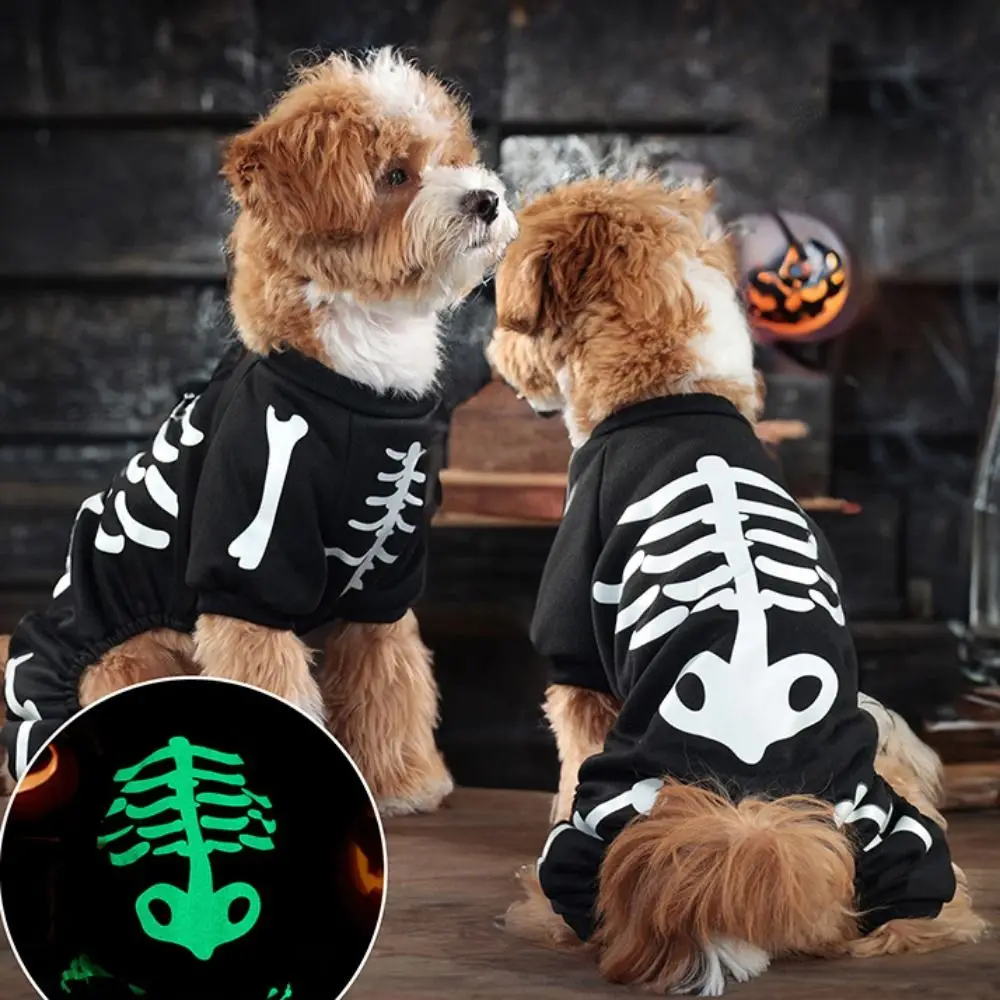 Funny Luminous Skeleton Dog Clothes Halloween Cosplay Costumes Pet Jumpsuit Apparel For Small Medium Dogs Cat