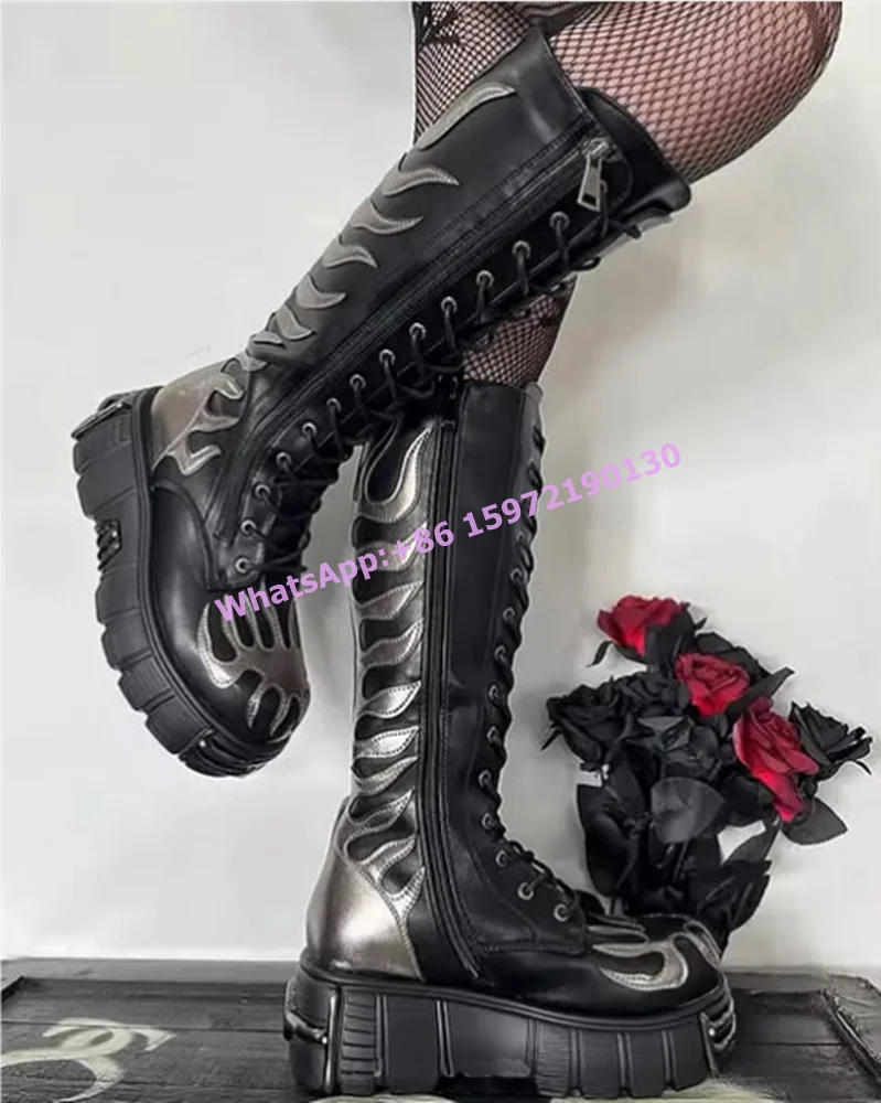 Black Gray Knee High Boots Thick Soled Platform Patchwork Cross Tied Side Zipper Metal Rock Shoes Winter Hotties Knee High Boots