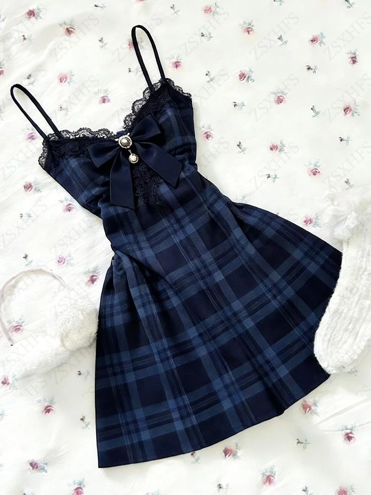Blue plaid Bows Lace Dress Subculture Vintage Streetwear Kawaii Sexy Suspender Checkered Dresses Aesthetic Sweet Y2k Short Dress
