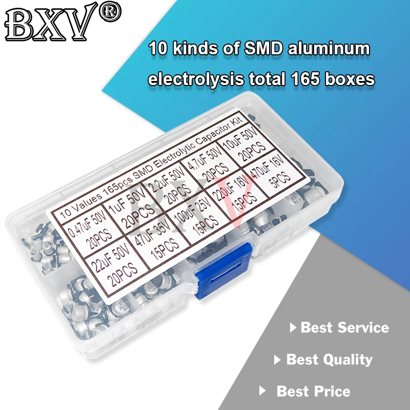 

10Values SMD Aluminum Electrolytic Capacitor Assorted Kit Set Samples Kit 0.47uF 1uF 2.2uF 4.7uF 10uF 22uF 47uF 100uF 165PCS/Set