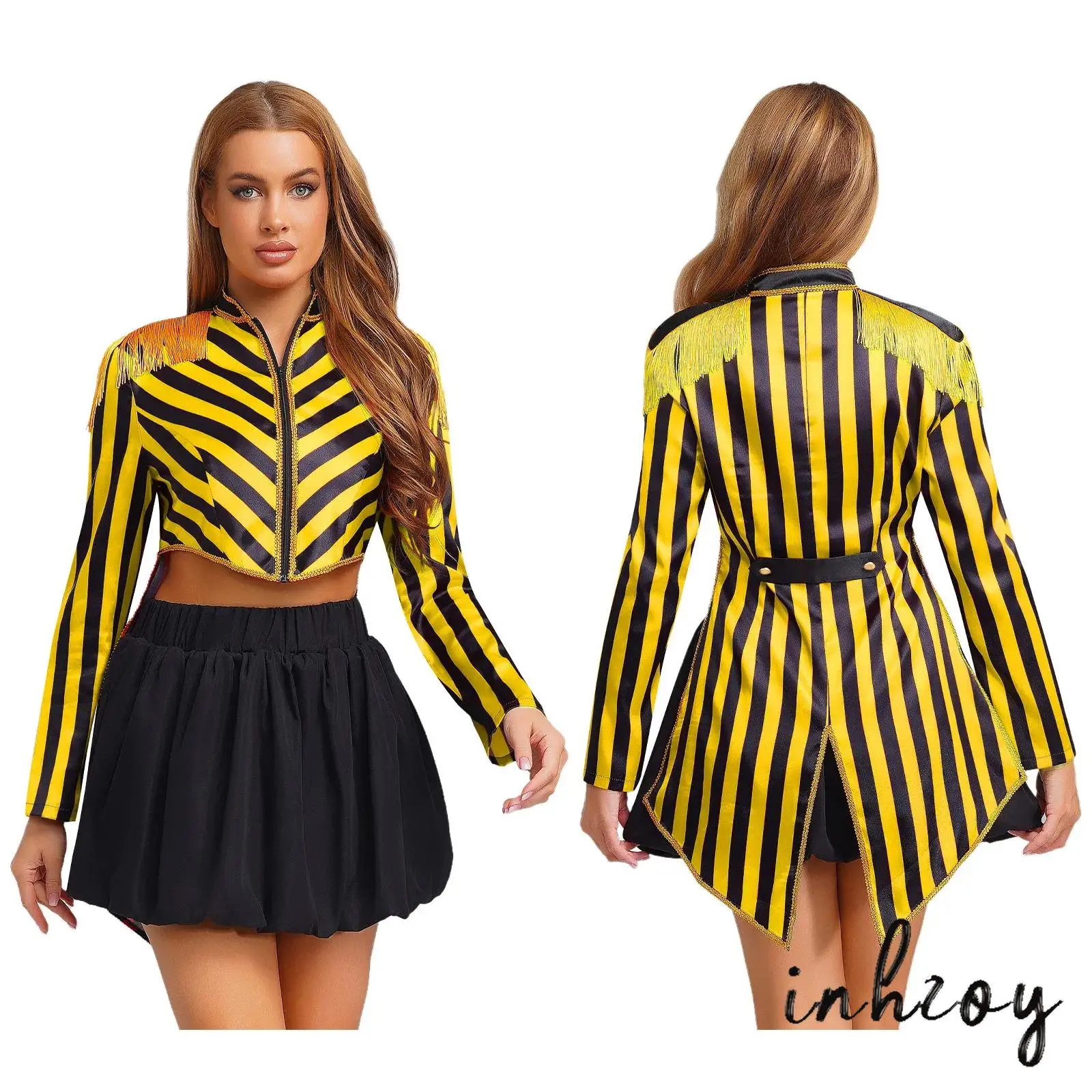 

Adult Womens Halloween Circus Ringmaster Magician Cosplay Jacket Tops Striped Tailcoat Long Sleeve Tassel Role Play Jacket Coat