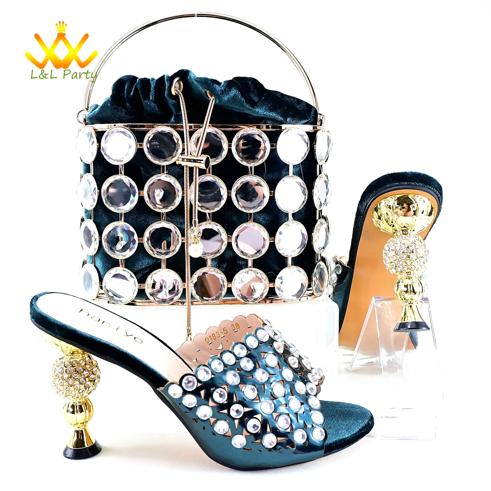 

Elegant Italian Women Shoes and Bag Set in Blackish Green Color 2024 INS Hot Sale Special Heels Peep Toe Slipper for Garden Part