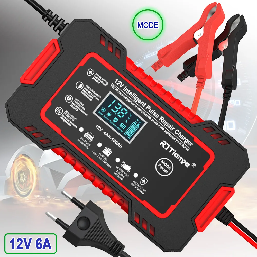 12V 6A Car Battery Charger Fully Automatic Smart Charger LCD Display AGM GEL Lead Acid Pulse Repair Power Car Motorcycle