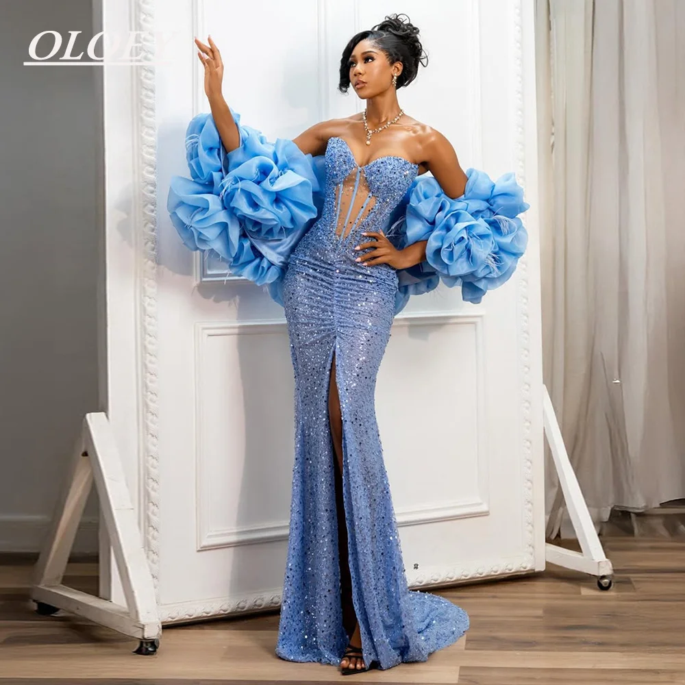 

OLOEY Luxury Sequines Mermaid Prom Party Dress with Organza Cape Sweetheart Leg Split Light Blue Formal Evening Gown Customized