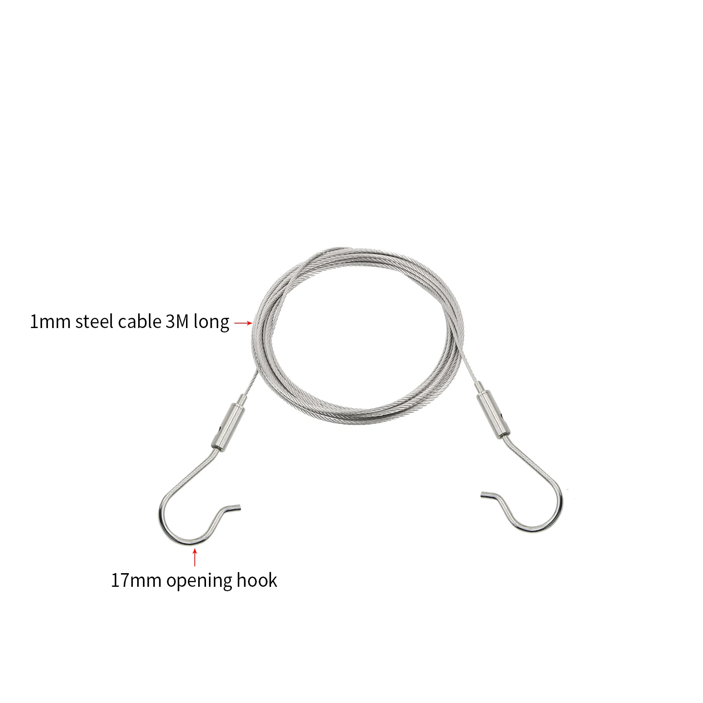 

400 шт. открытых крючков диаметром 17 мм и 200 стальных тросов диаметром 1 мм длиной 3 м.