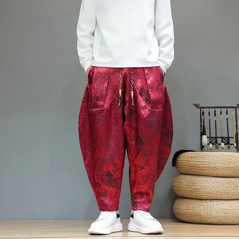 

Мужские атласные брюки-шаровары с узором китайского дракона, свободные, с завязками на талии, для повседневного уличного стиля