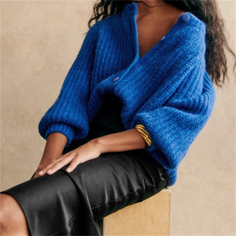 Women Chunky Knit Cardigan Y2k Long Latern Sleeve Crew Neck Button Up Open Front Cable Knitted Short Sweater Vintage Streetwear