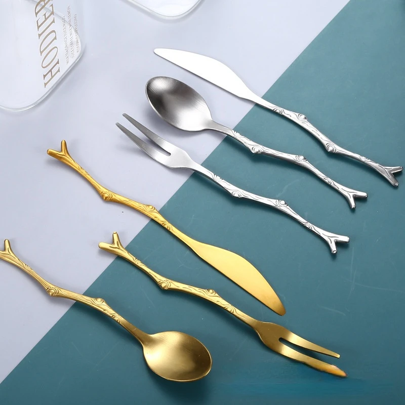 Sen Small Fresh Branch Knife, Spoon and Fork, Creative Stainless Steel Stirring Coffee Spoon, Fruit Fork, Cute Companion Gift