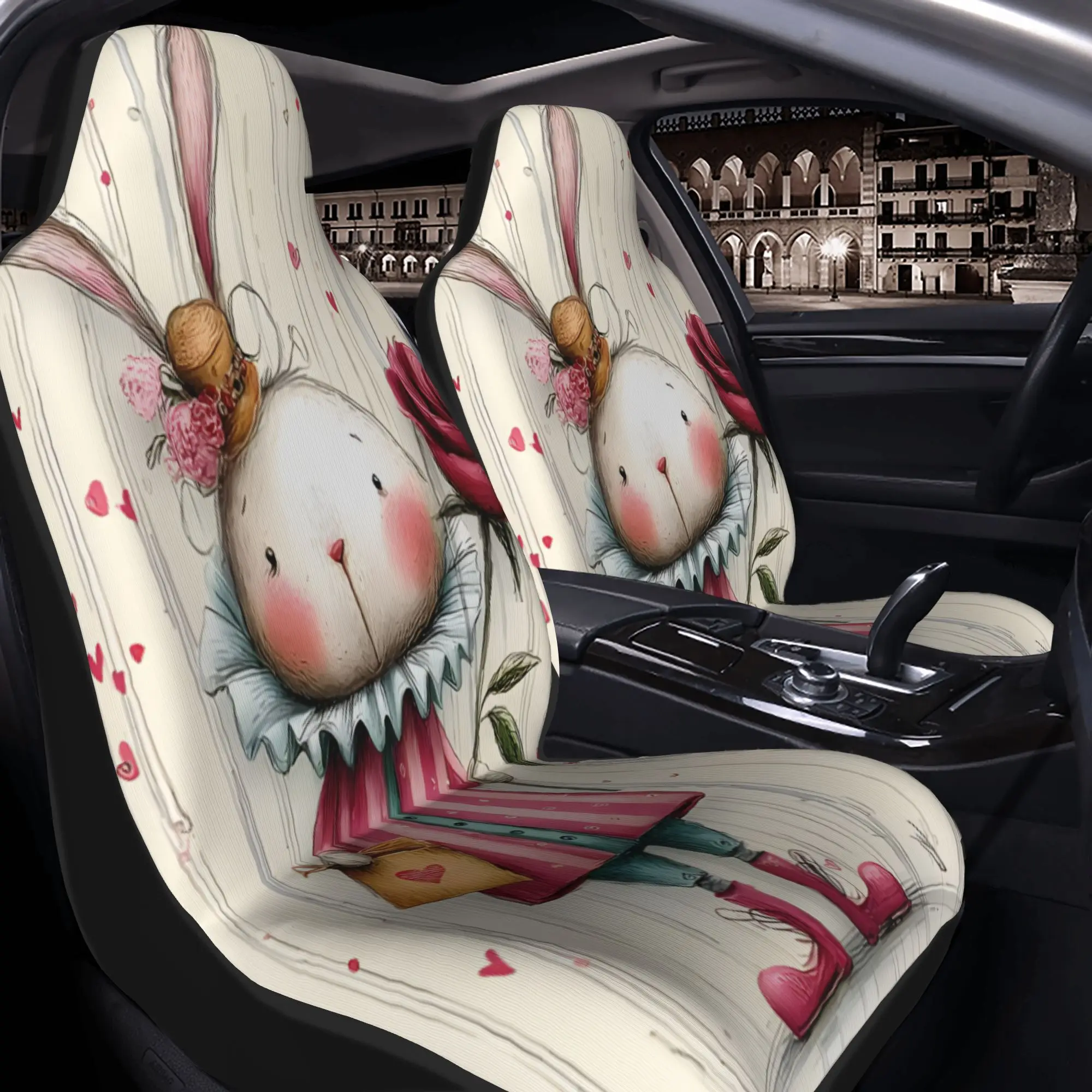 Set Of 2 Adorable Valentine'S Bunnies With A Rose, Gift Bag, And Floating Heart Decoration On A Striped Backdrop. These Car Seat