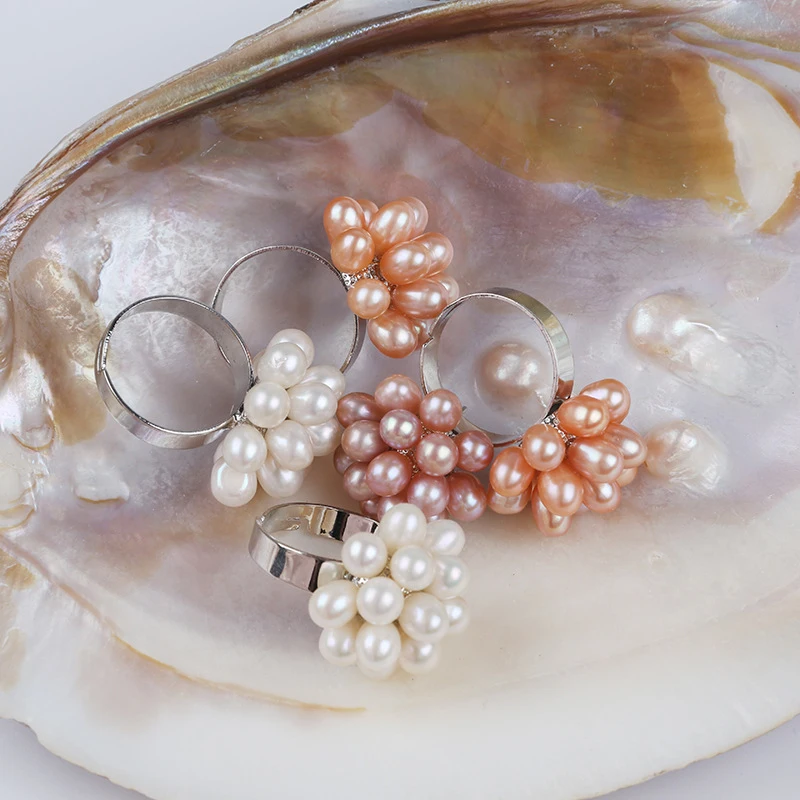 Freshwater 5-6Mm Rice-Shaped Hydrangea Flower Pearl Ball Ring