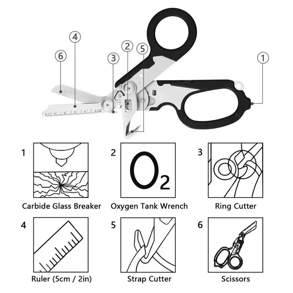 Cesoie di emergenza multifunzione Forbici pieghevoli tattiche portatili di primo soccorso Forbici tattiche combinate per strumenti di sopravvivenza all'aperto