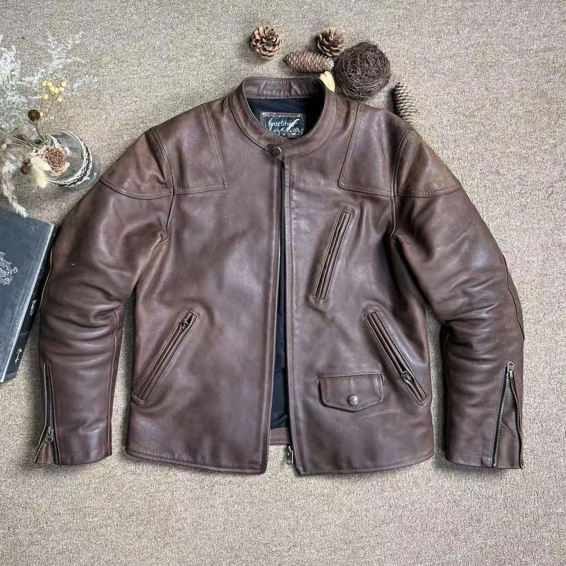 

Мужская кожаная куртка Jaet, облегающая мотоциклетная натуральная кожа Mad, ветрозащитная, теплая, дышащая, осенняя модная застежка-молния