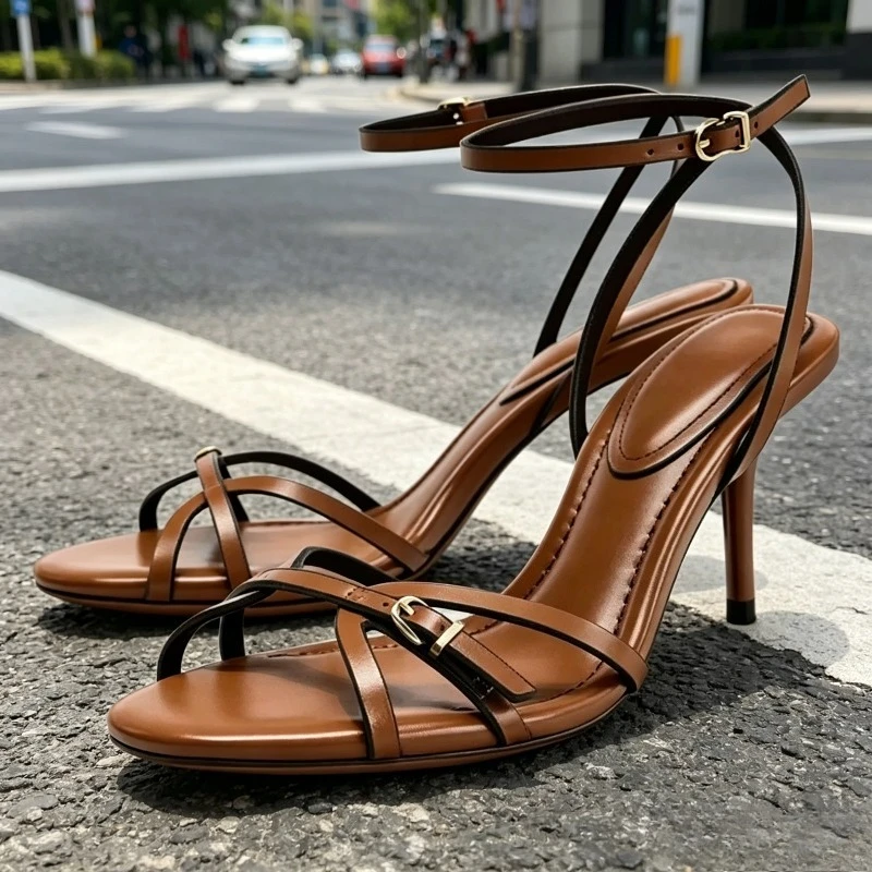 Unique Narrow Band Heeled Gladiator Sandals Women Brown Fashion Ankle-Strap High Heels for Ladies Sexy Open-Toe Designer Shoes