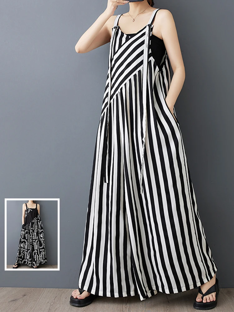

Summer Striped Wide Leg Pants Design Sense Color Blo Casual Straight One-Piece Overalls for plus Size Women Ele