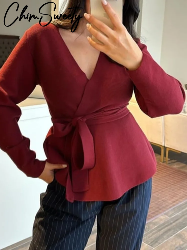 Casual Lace Up Belt Women Cardigan Full Sleeve V Neck Lady Coat 2025 Winter Fashion Spring Elegant Loose Solid Female Outwear