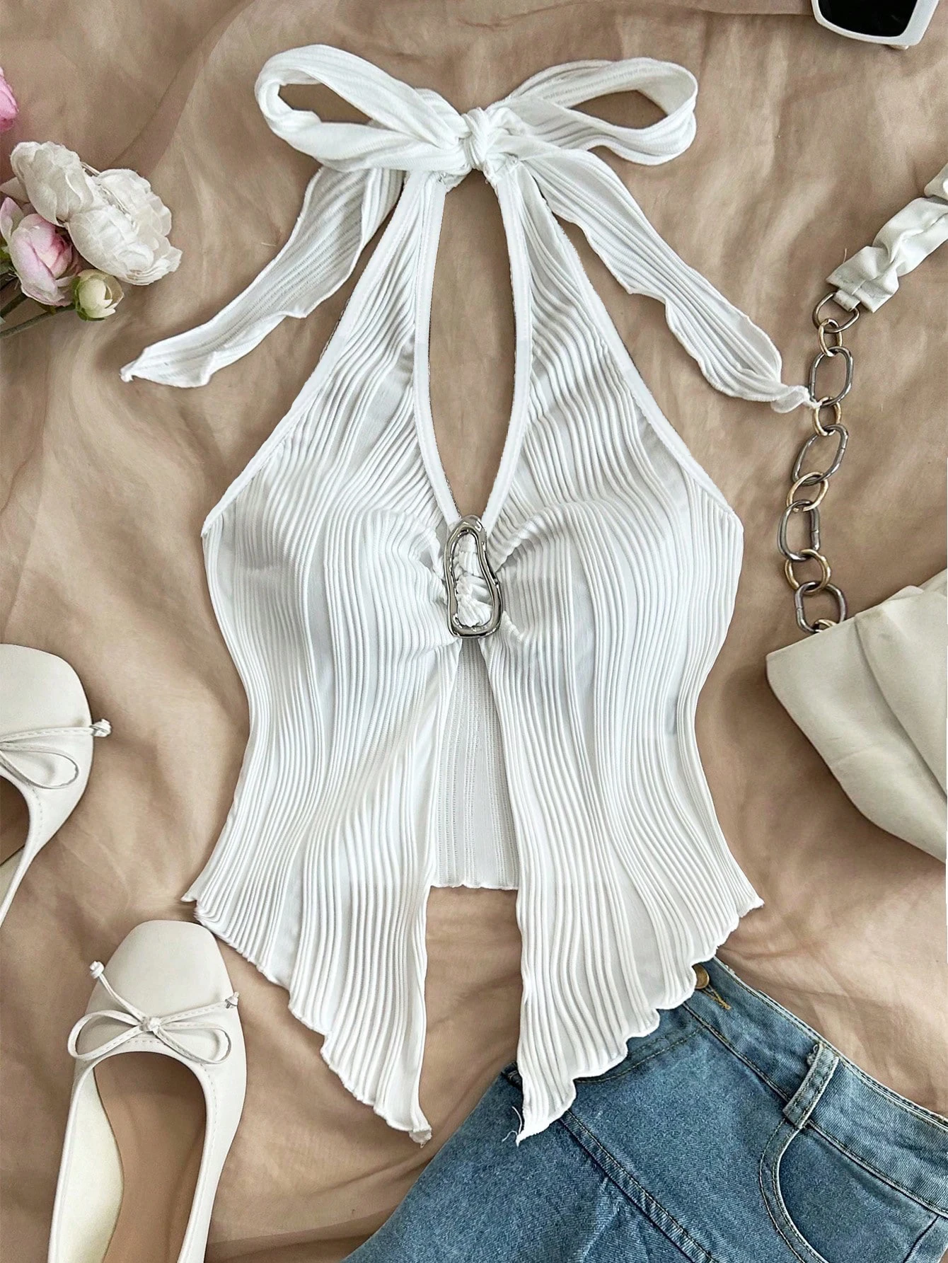 Women Halter Tie Backless Camisole Metal Ring Cutout Pleated Irregular Hem Slim Sleeveless Summer Top