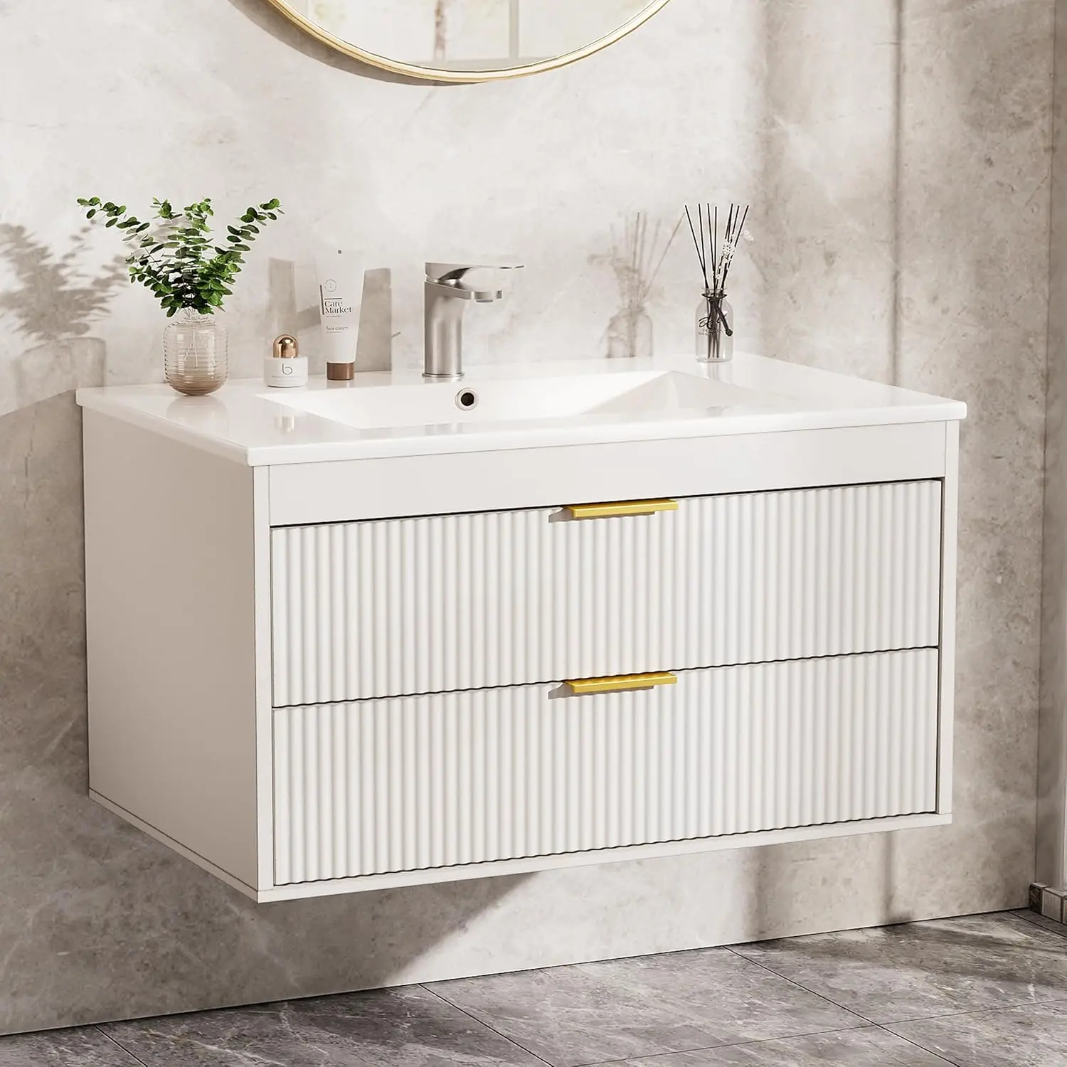 

30'' Floating Bathroom Vanities with Sink,Wall Mounted Bathroom Floating Vanity with Ceramic Sink,2 Drawers,Soft-Close Doors