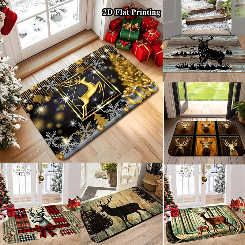 Non‑Slip Entryway Doormat, Rustic Wildlife Forest Sika Deer Scenery, Farmhouse Style Decor for Indoor Porch Home Front Entrance