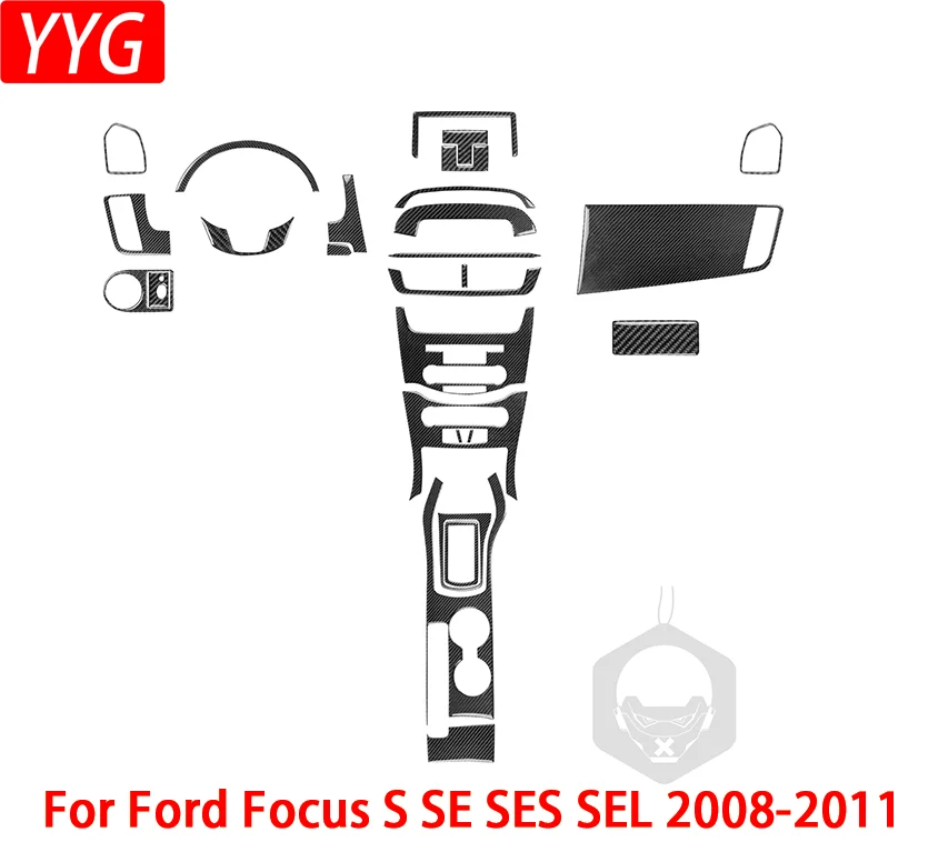 For Ford Focus S SE SES SEL 2008-2011 Carbon Fiber Steering Wheel Kit Control Panel Gear Shift Panel Knob Accessories Stickers
