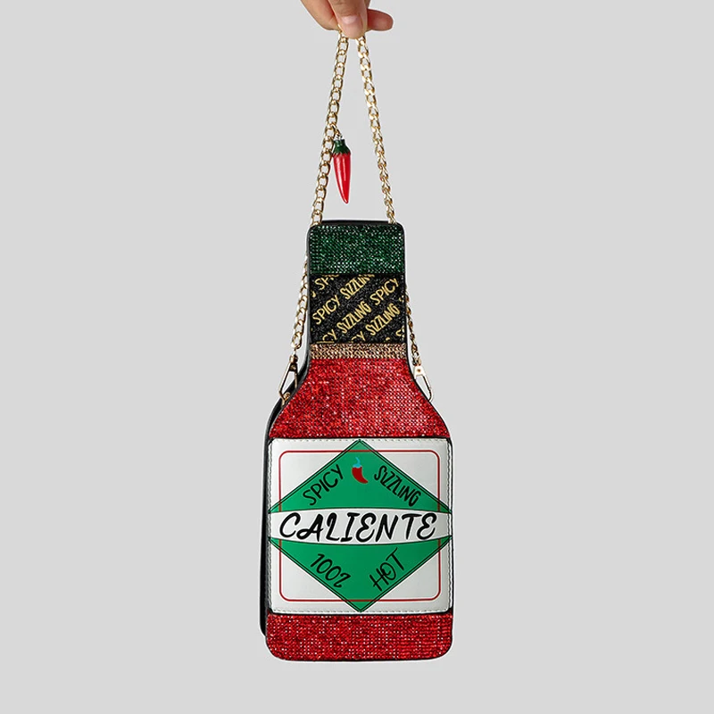 Mode Strass Flasche Frauen Schulter Taschen Lustige Chili Paste Design Umhängetasche Kreative Abend Party Telefon Geldbörsen 2025