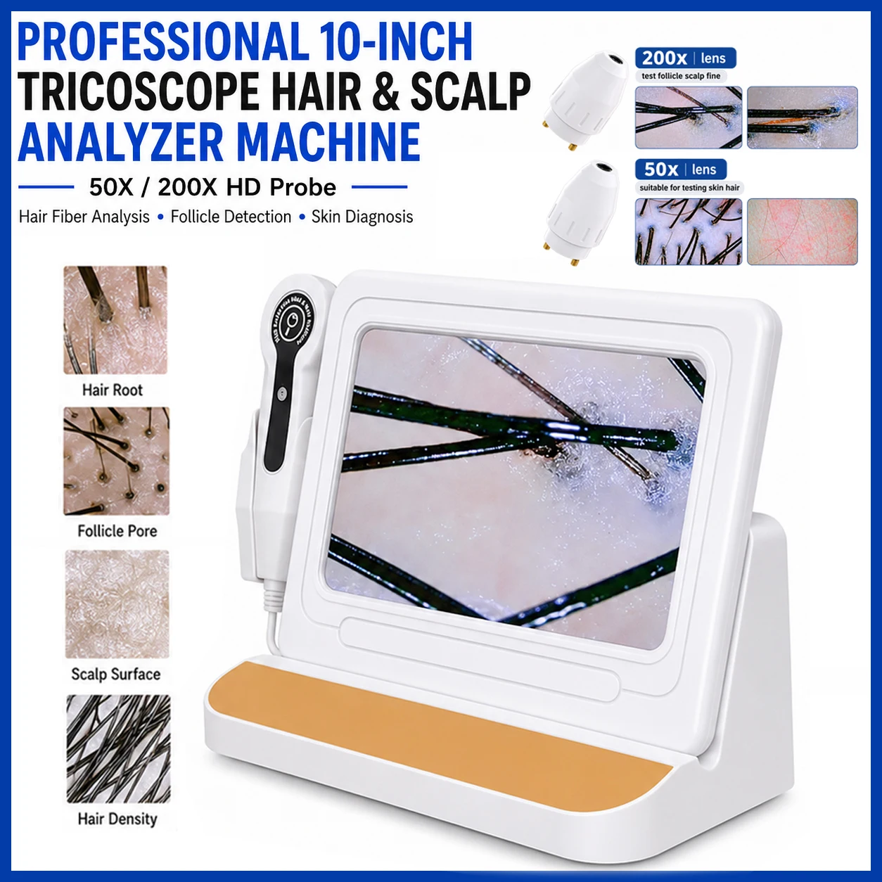 50/200x HD Probe 10-Inch Tricoscope Hair Fiber Analyzer Skin Diagnosis Scalp Hair Analyzer Microscope Follicles Detection Screen