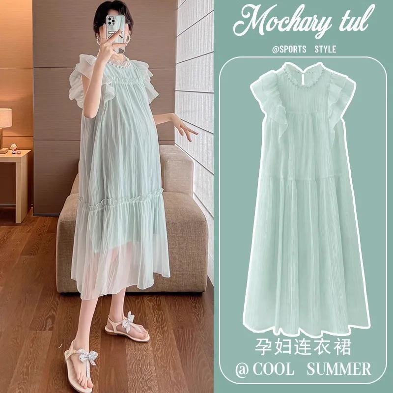 Maternity Dress Summer New in Sweet Loose A-shaped Skirt Lotus Leaf Sleeve Dress Large Size Summer High-end Women's Dress