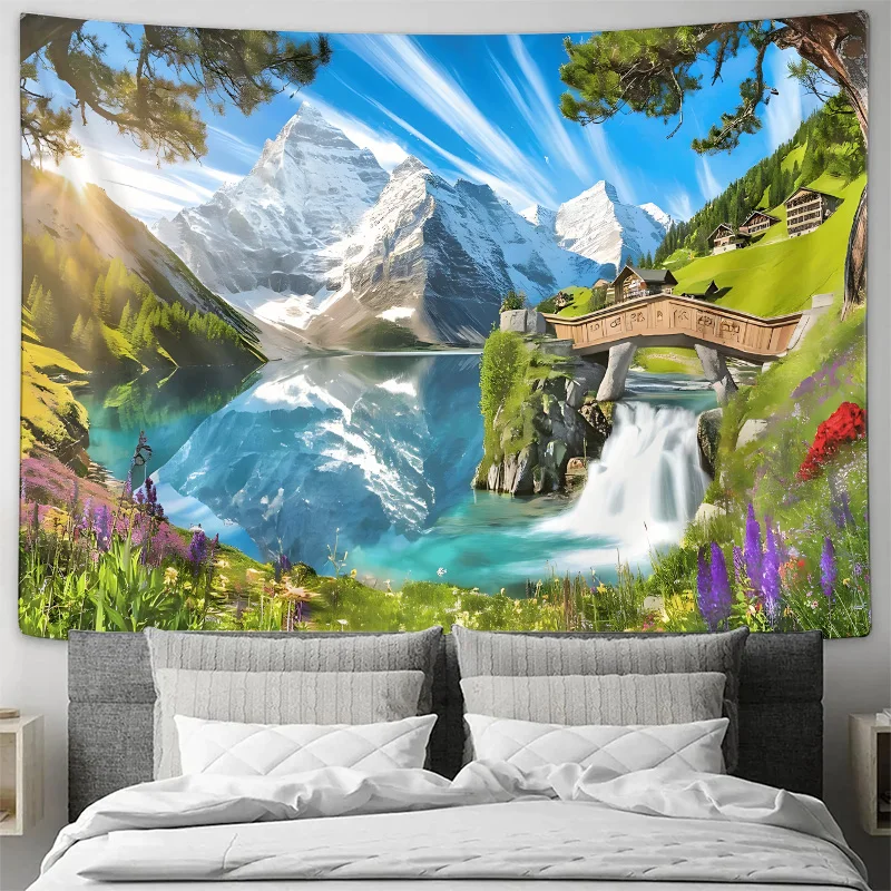 Alpine Mountain Lake Waterfall Bridge Landscape Wall Tapestry Machine Washable All Season Decor Art Print Nature Design Home