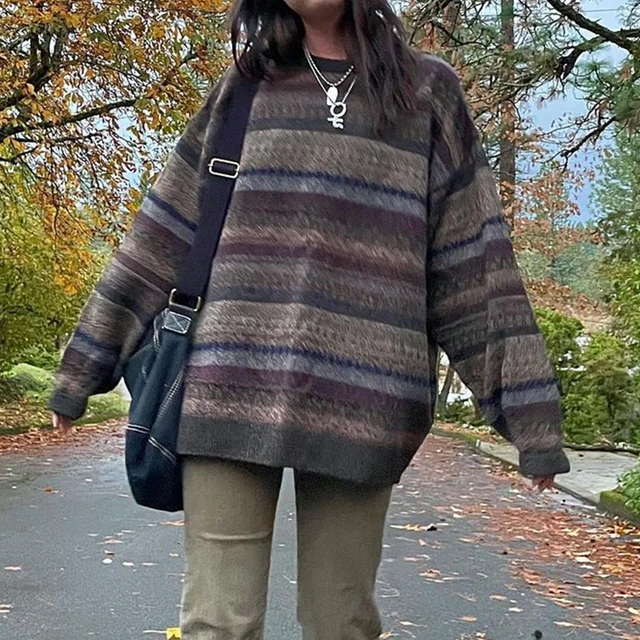 Preppy Grunge Retro Striped Knitted Sweater Autumn O Neck Full Sleeve Jumpers Fairycore Vintage Y2K Aesthetics Grandpa Pullovers AliExpress 200000345