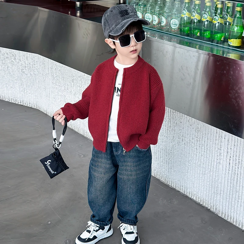 Cool Stylish Boys Red Cardigan Sweater with Zipper For Baby Child Spring Knitted Clothes Kids Fashion High Street Knitwear 2-11Y