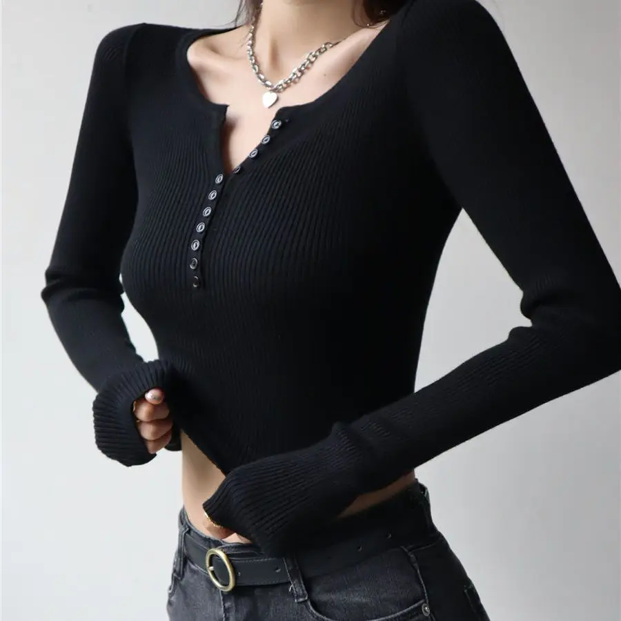 Korejpaa French Retro Pull Femme Knitwear V-neck Knitted Bottoming Shirt Women 2024 Spring Korean Fashion Slim Sweater Top