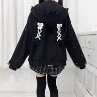 2025 Spring Sweet Cute Japanese Mine Loose Zipper Hoodie Coat Bunny Ears Hooded Lace-up Bow Pearl Decorative Long Sleeve Jacket