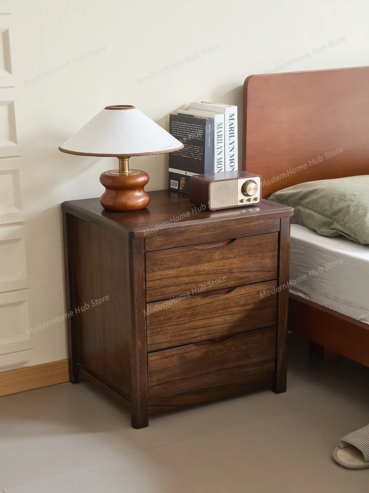 Bedside table Walnut solid wood three-draw with lock chest cabinet Home bedroom Modern light luxury storage locker