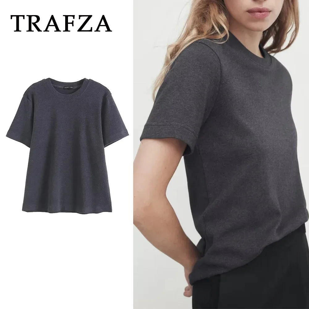 

TRAFZA 2023 Women All season Basics Solid T Shirt Autumn Fashion Casual O Neck Tees Gray Blended Slim Normcore Sweaters