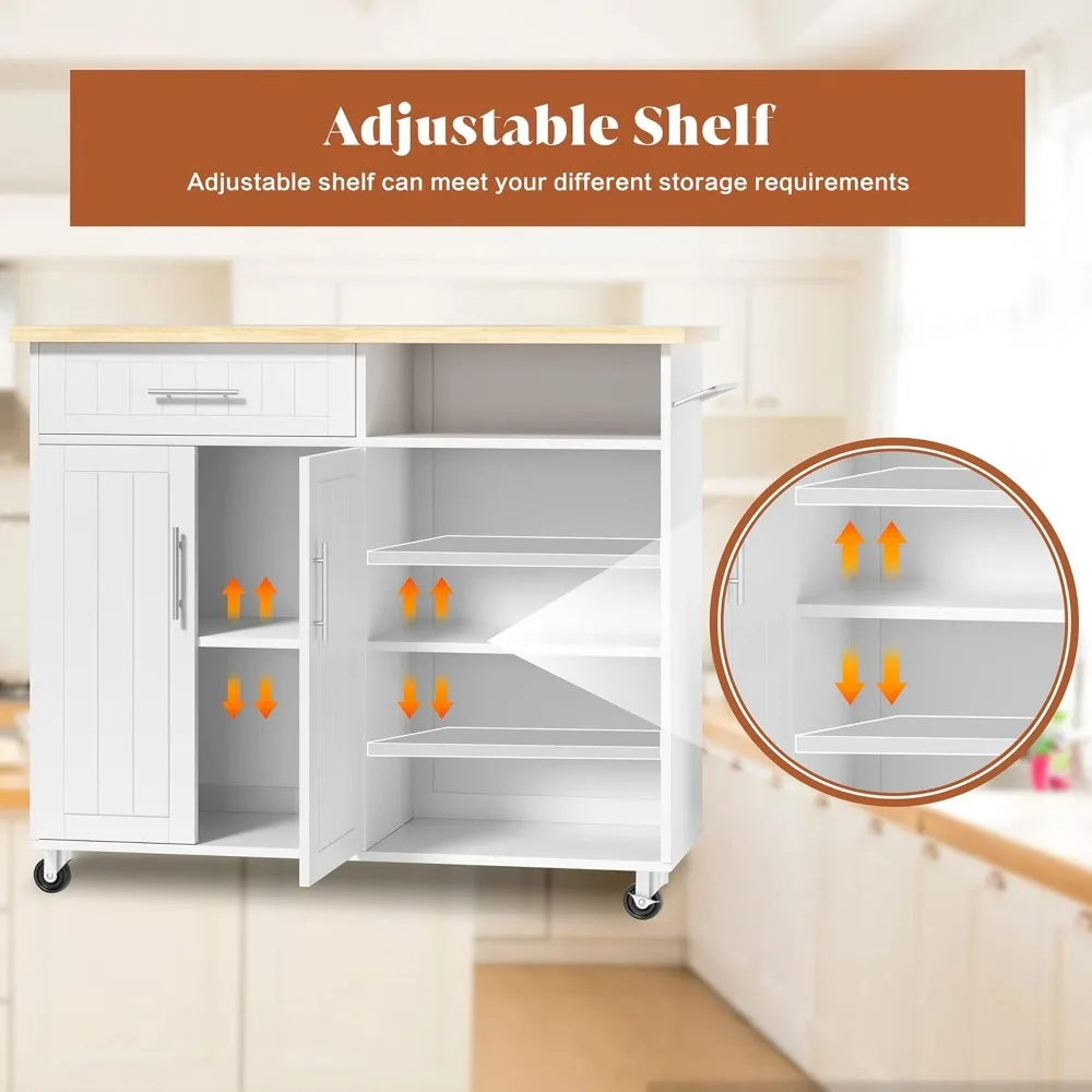 عربة جزيرة المطبخ مع خزانة أرفف للتخزين، عربة مطبخ متنقلة مع مقبض رف المناشف لتوظيفية محسنة #3