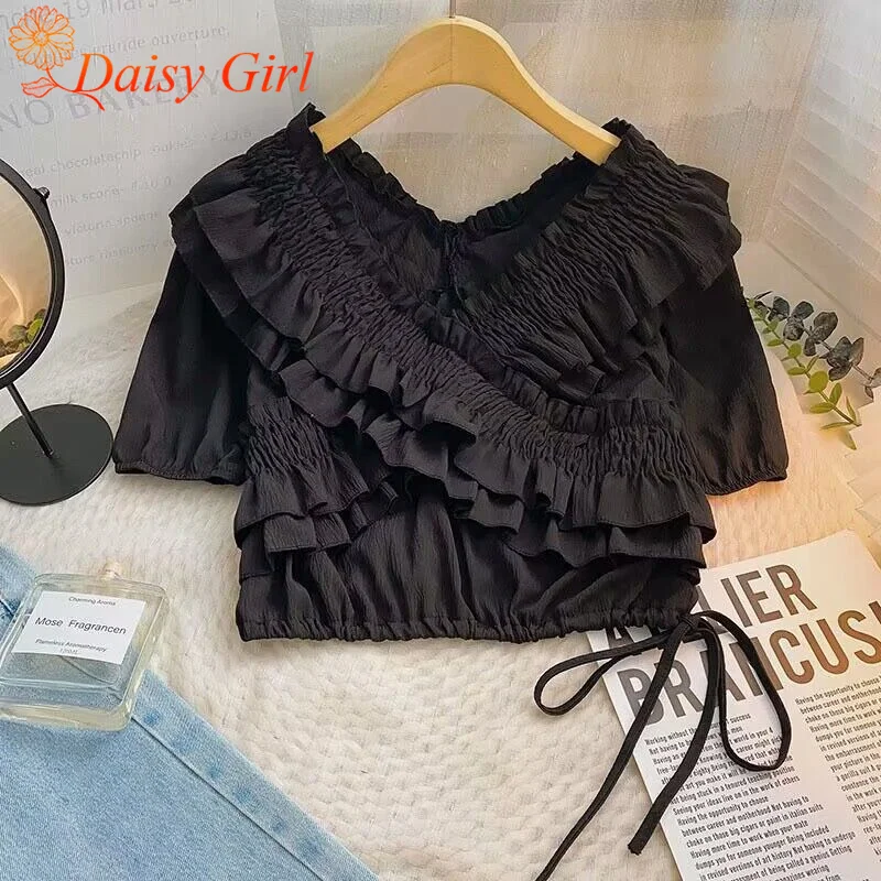 여름 얇은 달콤한 프릴 크로스 플리츠 시크 퍼프 슬리브 v 넥 쉬폰 셔츠 소녀의 귀 묶인 짧은 솔리드 컬러 탑