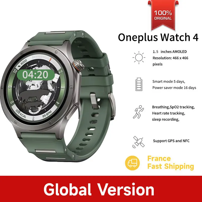 Nouvelle arrivée : Montre connectée OnePlus Watch 4 avec écran AMOLED de 1,5 pouces, Snapdragon W5 Gen 1, jusqu'à 16 jours d'autonomie, GPS, NFC, montre intelligente pour homme