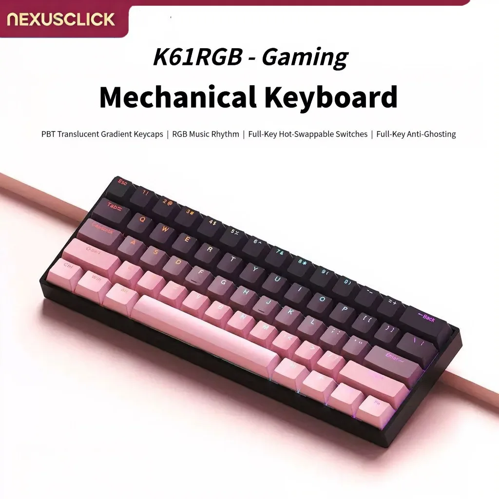 NexusClick K61 Brown Switch Gaming Keyboard, Wired Mechanical Hot Swappable RGB Backlit PBT Keycaps Esports Keyboard for Office