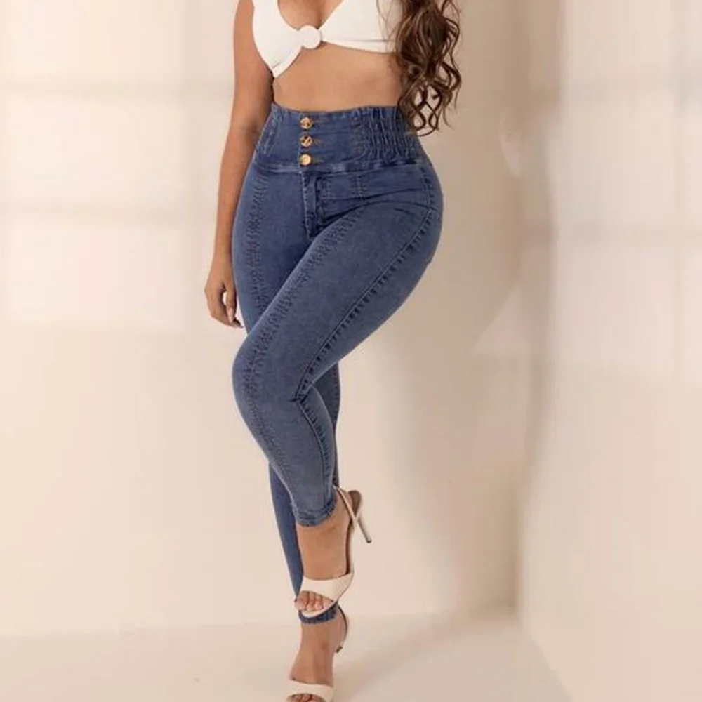 

2024 High Waist Jeans Plus Size Blue Skinny Demin Pants Sexy Figure Wrinkle Design Pencil Trousers Autumn Winter Push Up