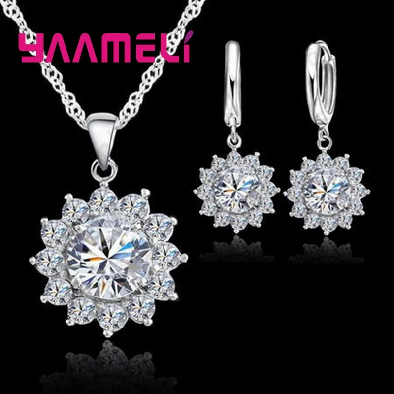 925 Sterling Silber Farbe Halskette Ohrringe Schmuck-Set Sonnenblume Blume Form Für Frauen Frauen Hochzeit Party Glänzendes Geschenk