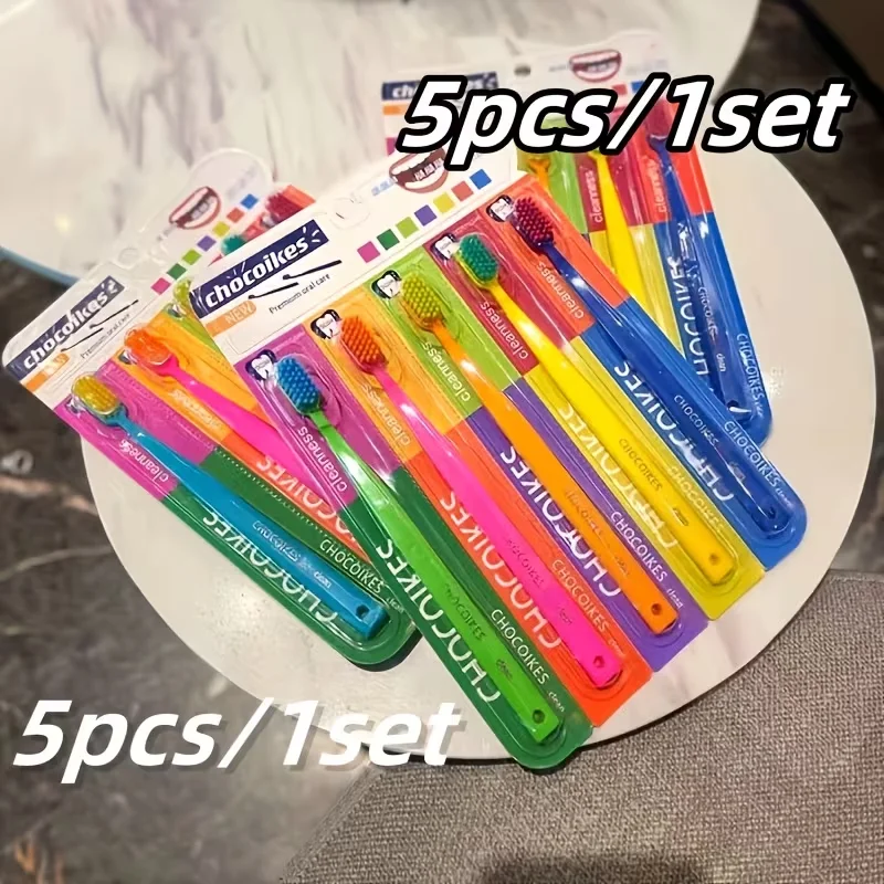 5pcs Travel Toothbrush Set with Chocolate Design, Soft Nylon Bristles & Ergonomic Handle for Family Vacation, Business Trip