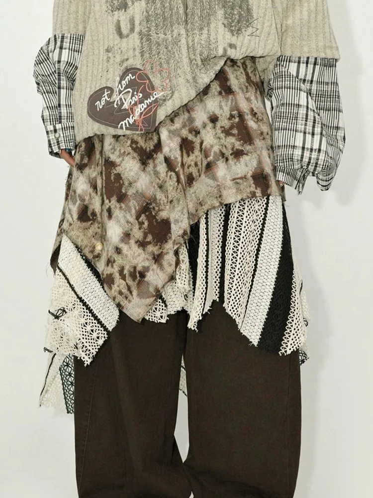 

Y2K American Irregular Mini Skirts Women Korean High Waist Patchwork Lace Up Curtain Skirts Autumn Female Splicing A Line Skirts