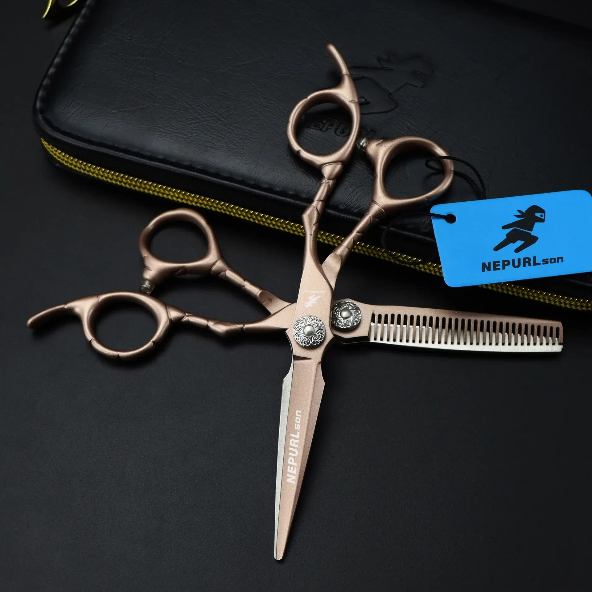 NEPURLSON 6.0-inch luxurious gold hair scissors, including cutting scissors and thinning scissors, with right-hand version