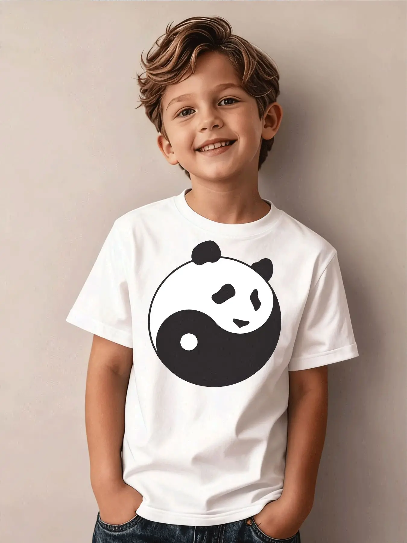 Round Neck Children's T-shirt  Trend Panda Yin-yang Pattern Parent-child Clothing Suitable for Daily Sports and Vacation Wear