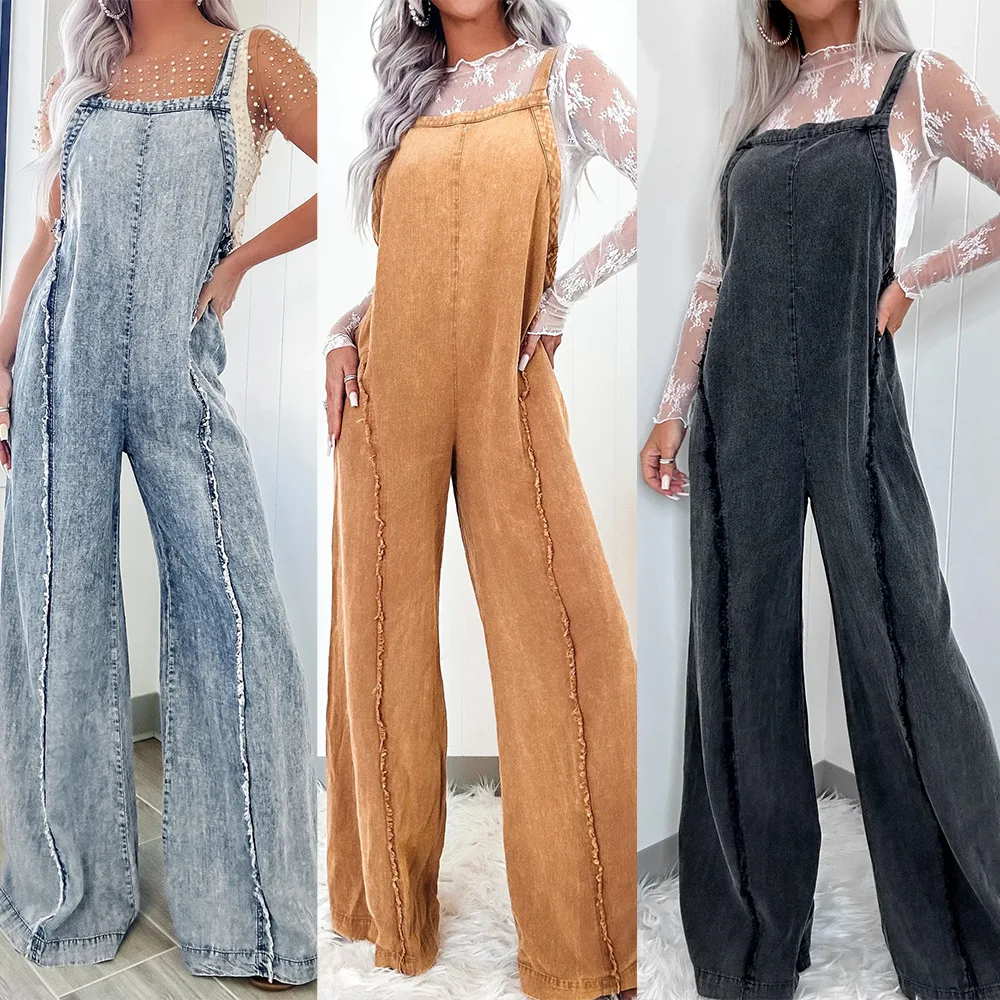 

Spring 2025 New Loose Overalls Women's European and American Retro Washed Rough-edged Wide-leg Jumpsuit