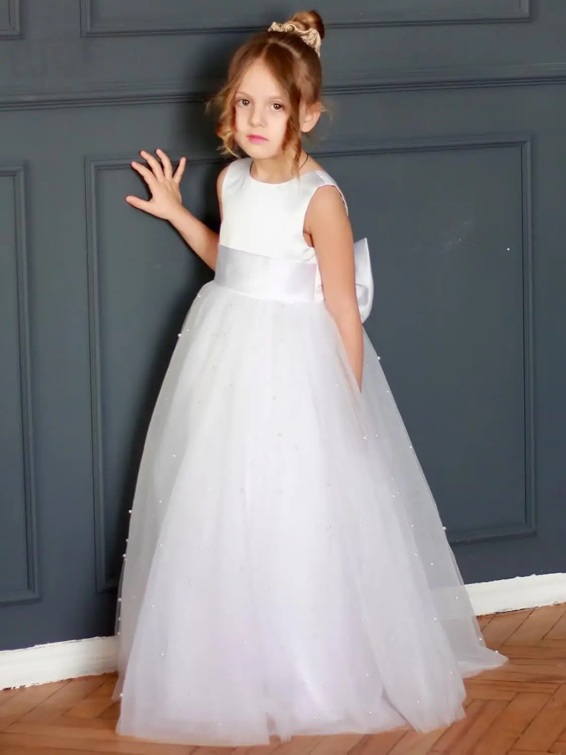 Платье с цветочным узором для девочек, свадебное шифоновое платье с жемчугом, детское платье принцессы для причастия, дня рождения, торжественное платье-лидер красоты с бантом